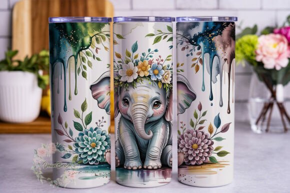 Baby Elephant Teal Floral 20oz Tumbler: Graphics & Tumbler Wraps