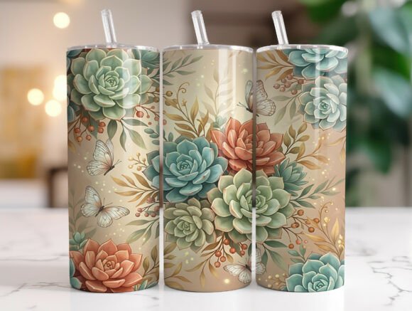 Boho Succulent Floral Butterfly Tumbler Graphics