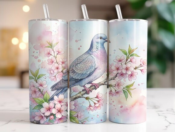 Cherry Blossom Pigeon Bird Tumbler Wrap Graphics
