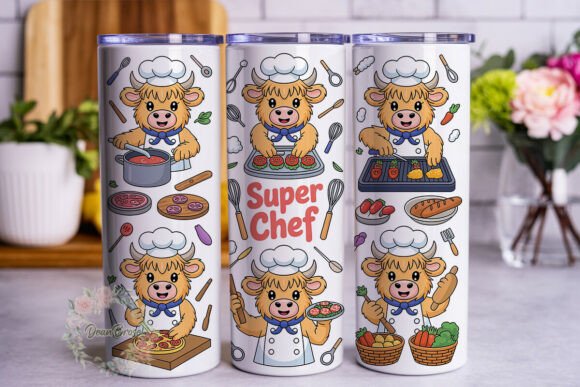 Cute Highland Cow Chef Tumbler Wrap PNG