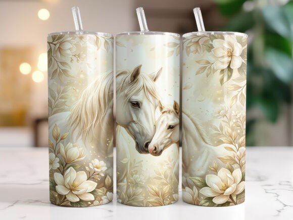 Elegant White Horse Floral Tumbler Wraps & Graphics