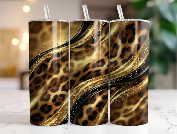 Leopard Glitter Gold Waves Tumbler Wrap Graphics