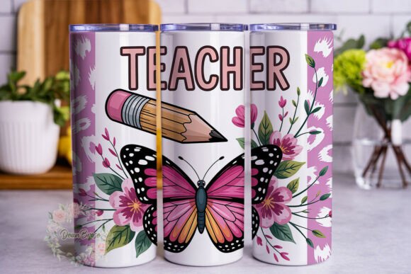 Pink Butterfly Teacher 20oz Tumbler Wrap Graphics