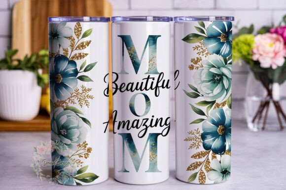 Watercolor Teal Floral MOM 20oz Tumbler Graphics